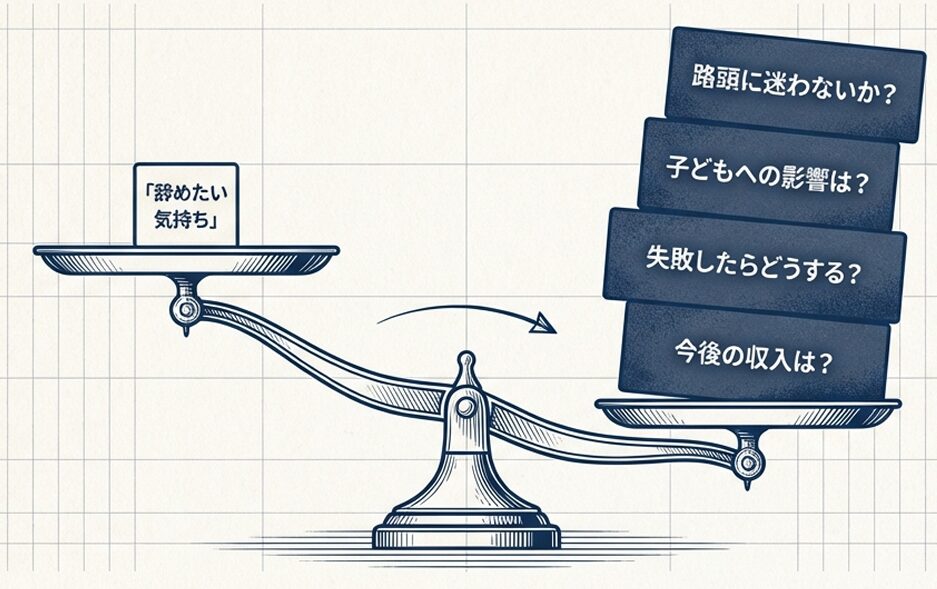 FIREしたい気持ちと現実を天秤にかけている図