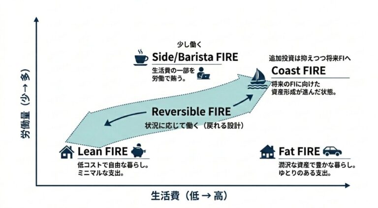 FIREの種類（Fat/Lean/Side/Barista/Coast/Reversible）の比較図