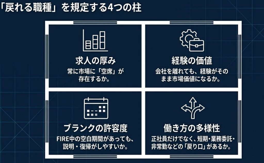 リバーシブルFIREに戻れる職種4つの基準の図