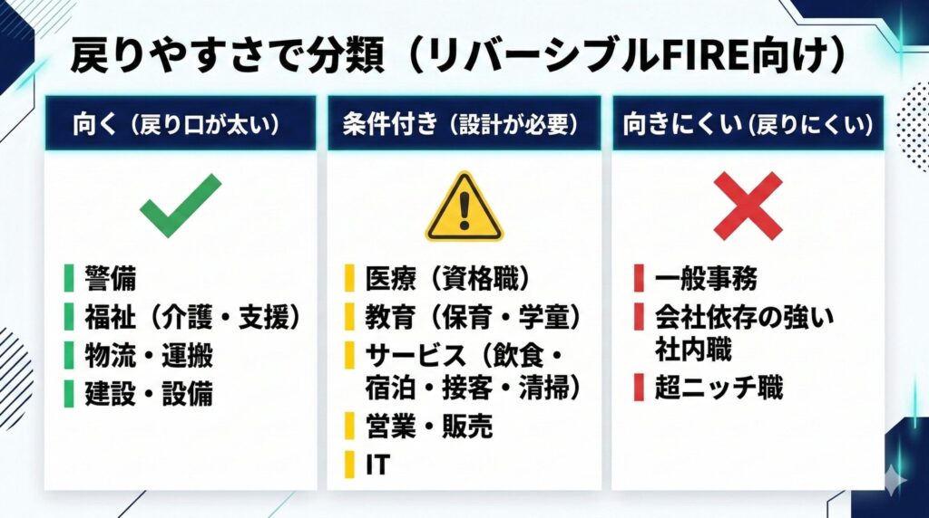 リバーシブルFIREで職種別戻りやすさを表した図