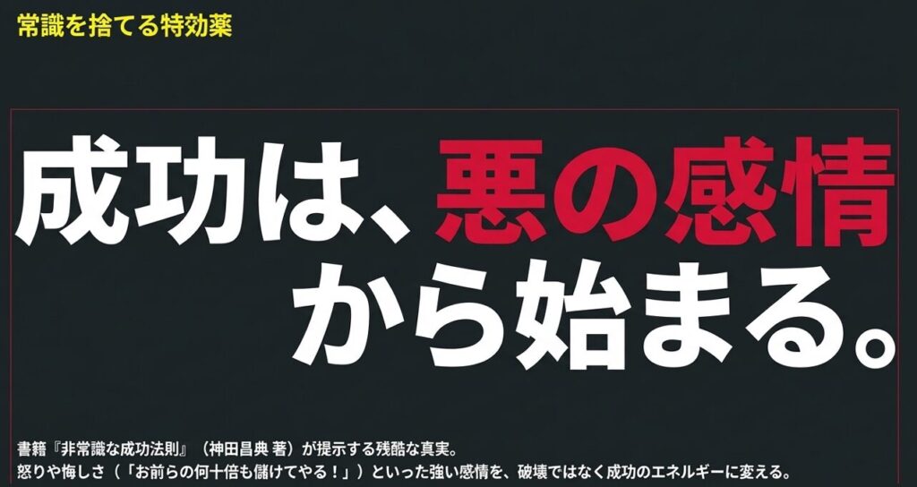 「成功は悪の感情から始まる」という強いワードを書いた図