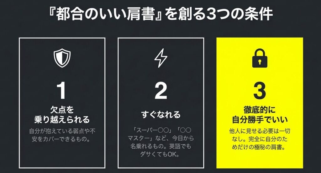 都合のいい肩書を作る3つの条件を書いた図